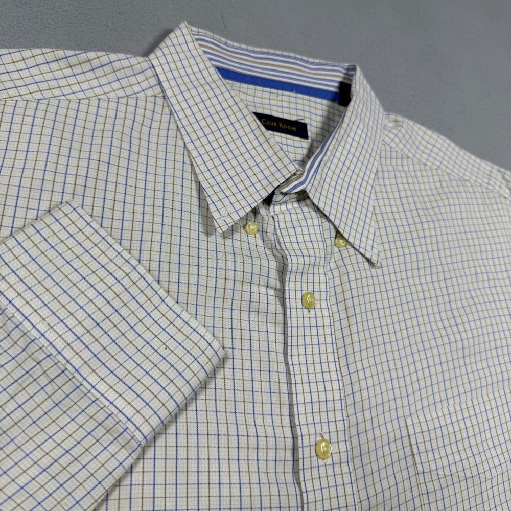 Club Room Mens XL White Blue Tan Tattersall Check Cotton Button Down Dress Shirt